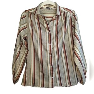 Vintage Nordstrom Satiny Brown Striped Balloon Sleeve Button Up Blouse Size L